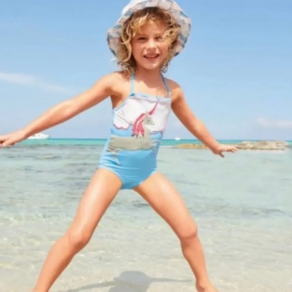 Mini Boden Unicorn Appliqué Swimsuit in Cloud Blue Unicorn